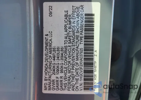 2022 Honda Accord Hybrid Sport from USA, damaged, VIN 1HGCV3F2XNA037925